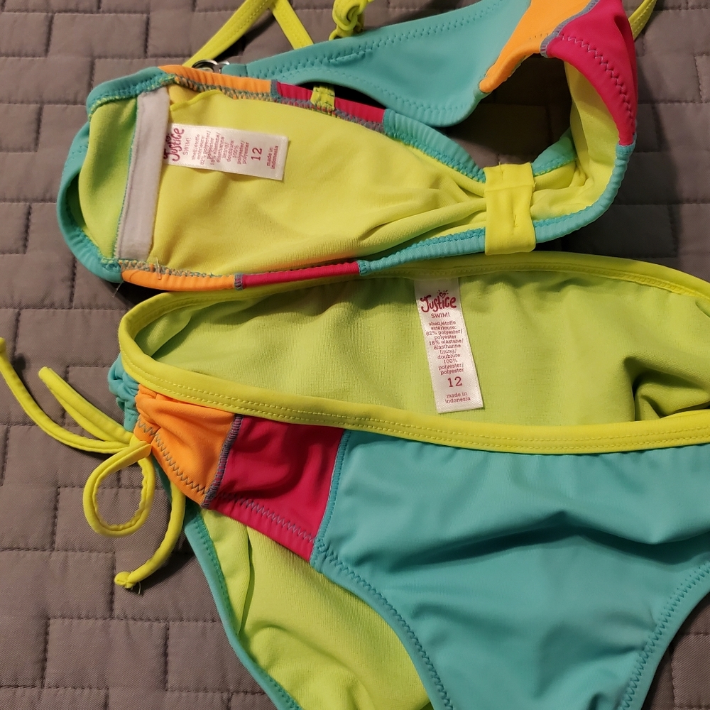JUSTICE neon color block bikini size 12 - Picture 3 of 3